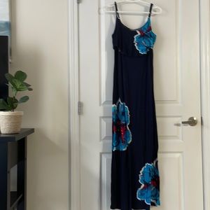 Navy floral maxi dress with blue/red flowers and silver accents